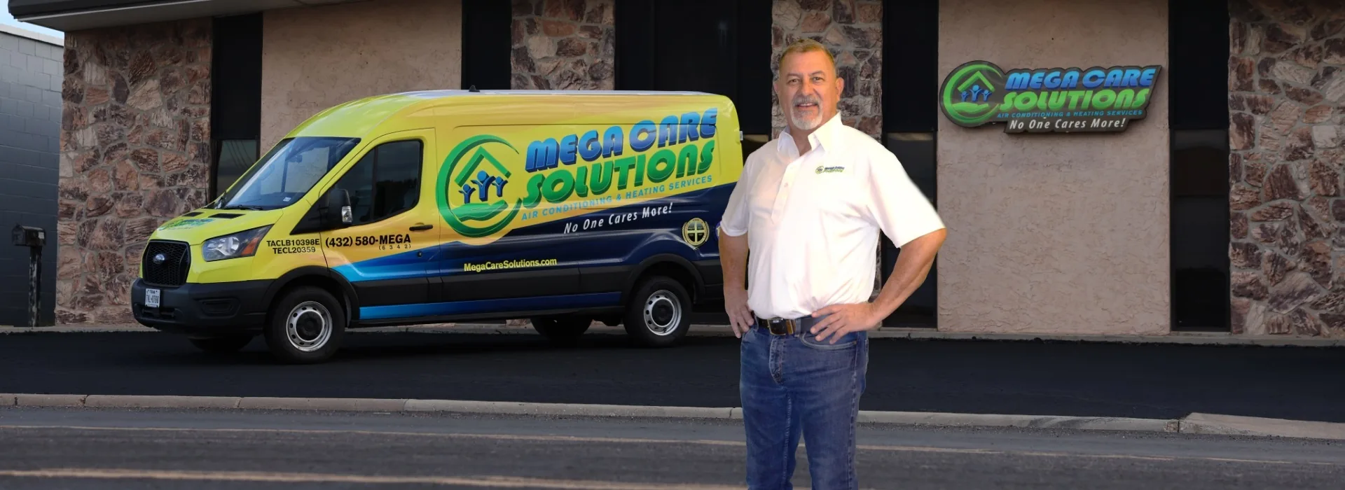 The owner of Mega Care Solutions in front of a fully-wrapped Mega Care Solutions service van outside their Odessa, TX office