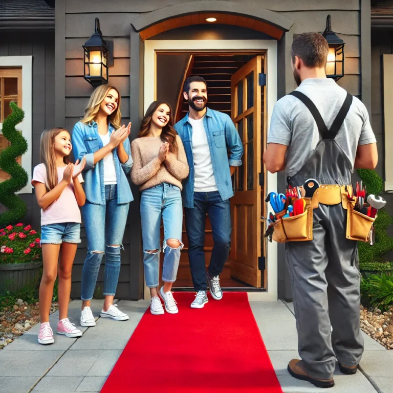 a family claps as an HVAC tech approaches their home